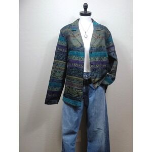Mirasol Tapestry Blazer Women XL Teal Purple Paisley Geometric Button Up Jacket